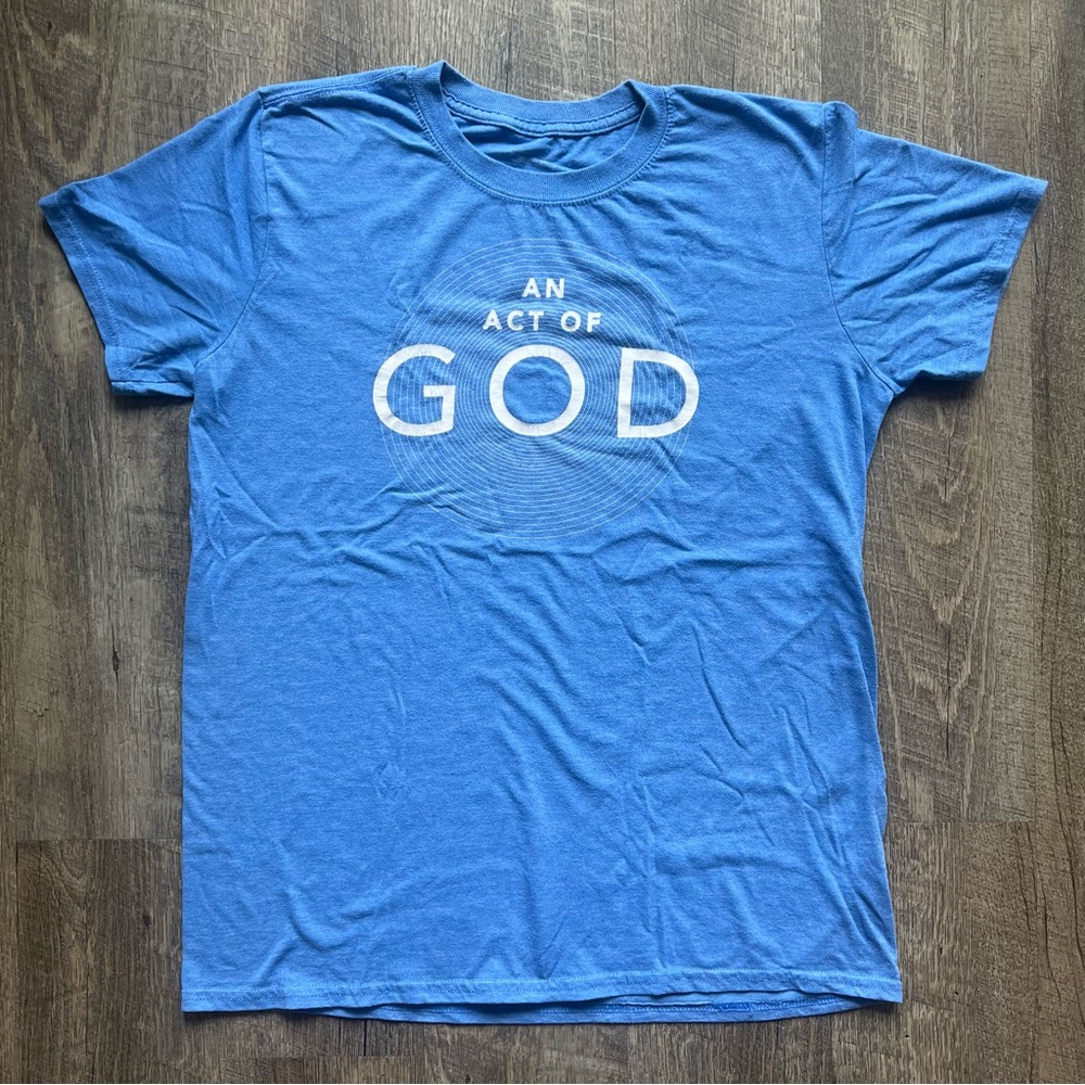 Blue and white "An Act of God" women’s graphic tee size medium